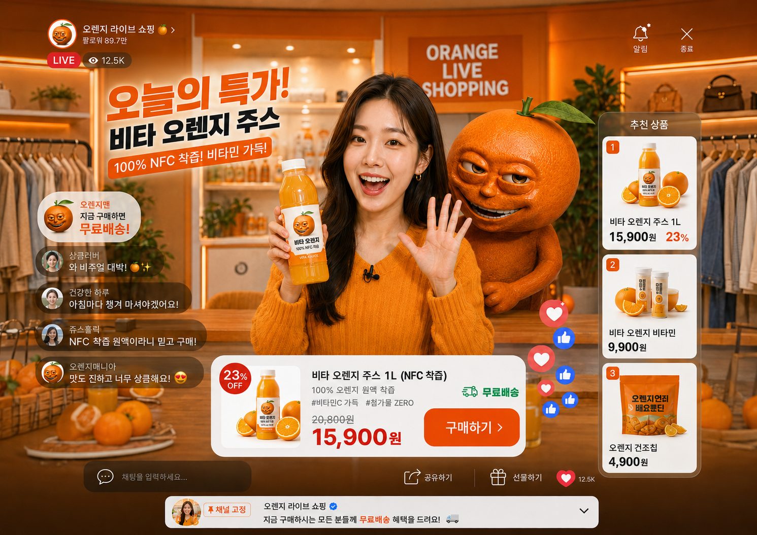 오렌지 라이브쇼핑 방송 화면 — 매장 상품을 온라인으로