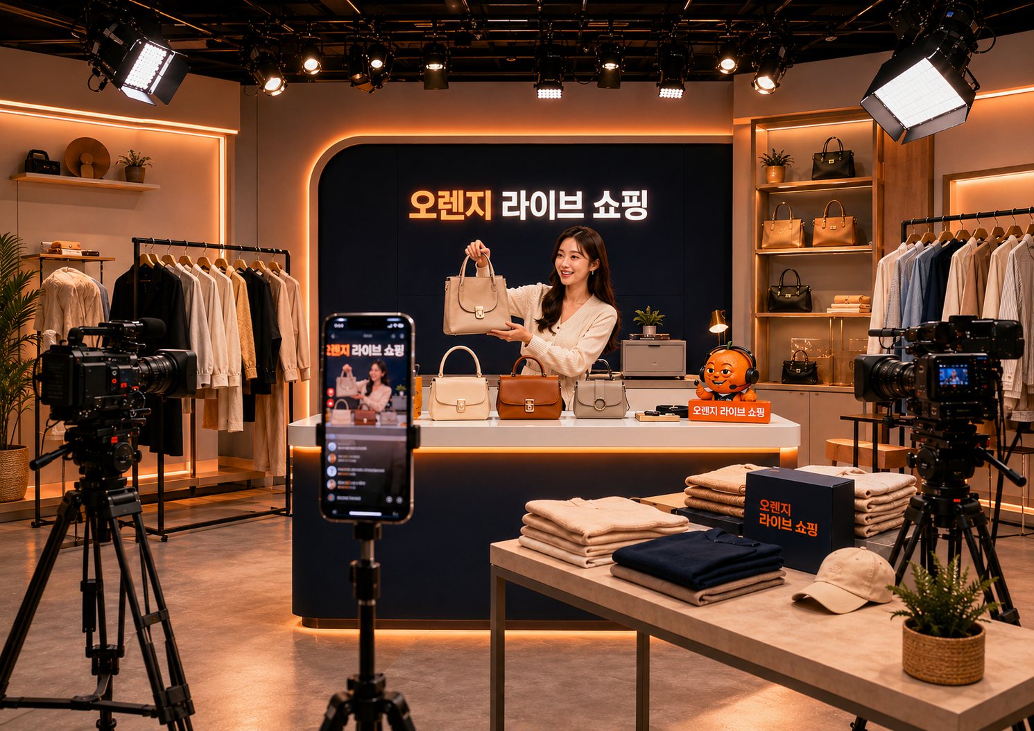 오렌지 라이브 쇼핑 스튜디오 — 패션 상품 라이브 방송 촬영 현장
