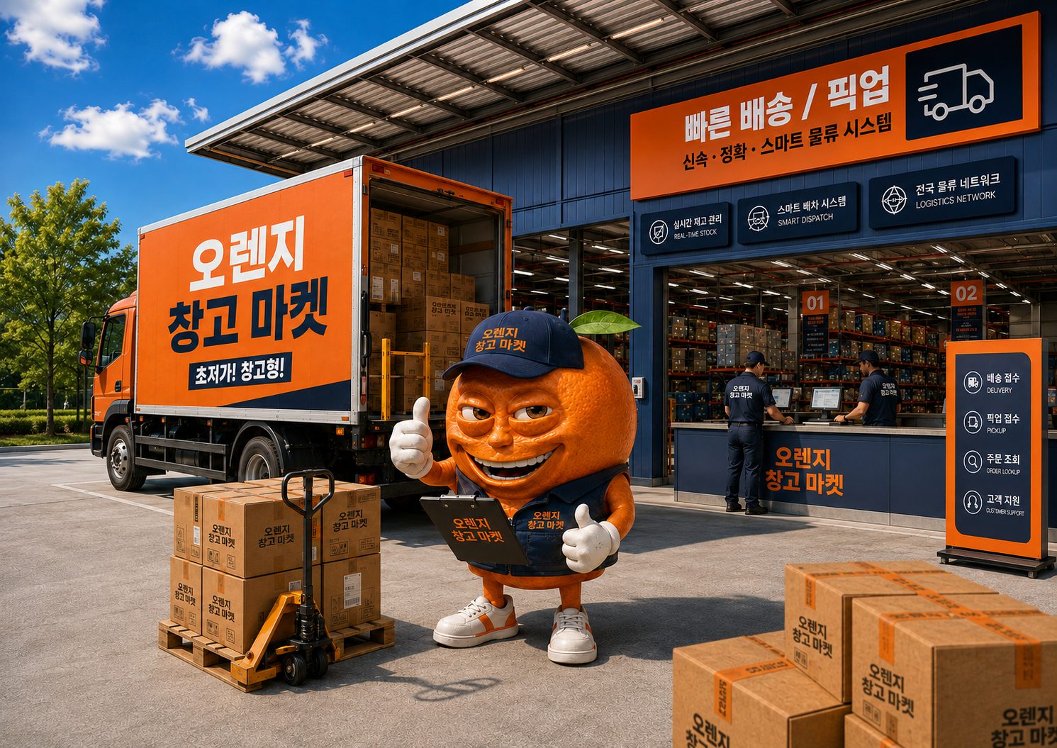 오렌지 창고마켓 배송 트럭과 픽업 구역