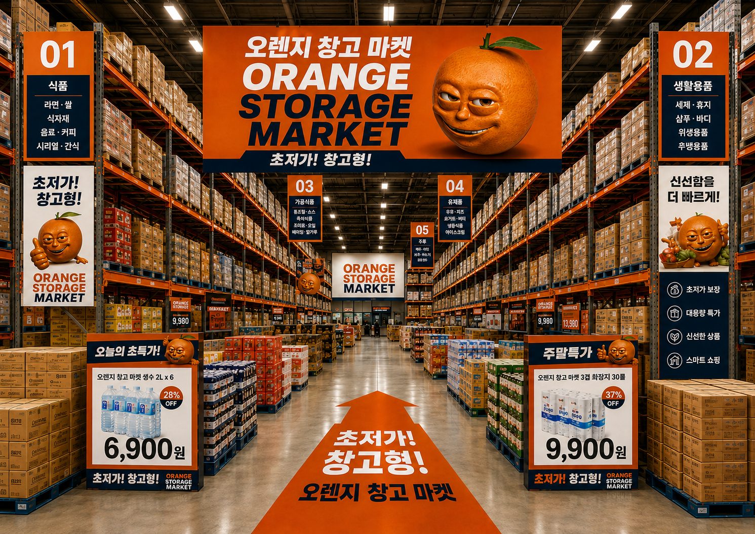 오렌지 창고마켓 내부 — 식품·생활용품 카테고리 진열과 초저가 특가 코너