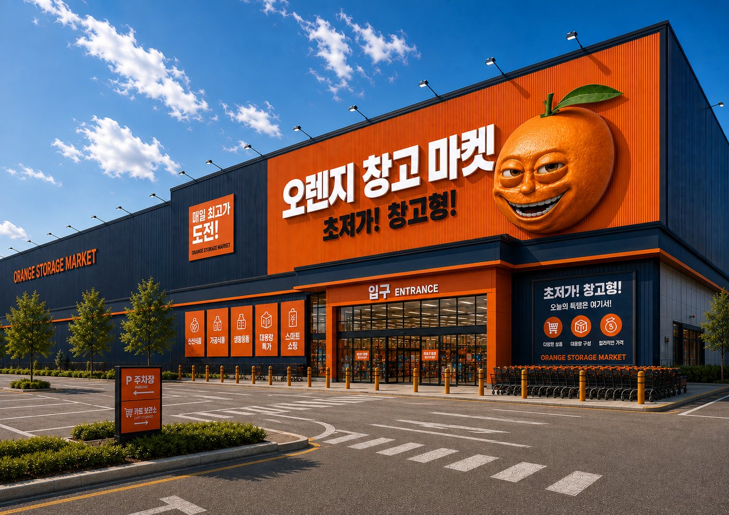 오렌지 창고 마켓 매장 외관 — 초저가! 창고형!