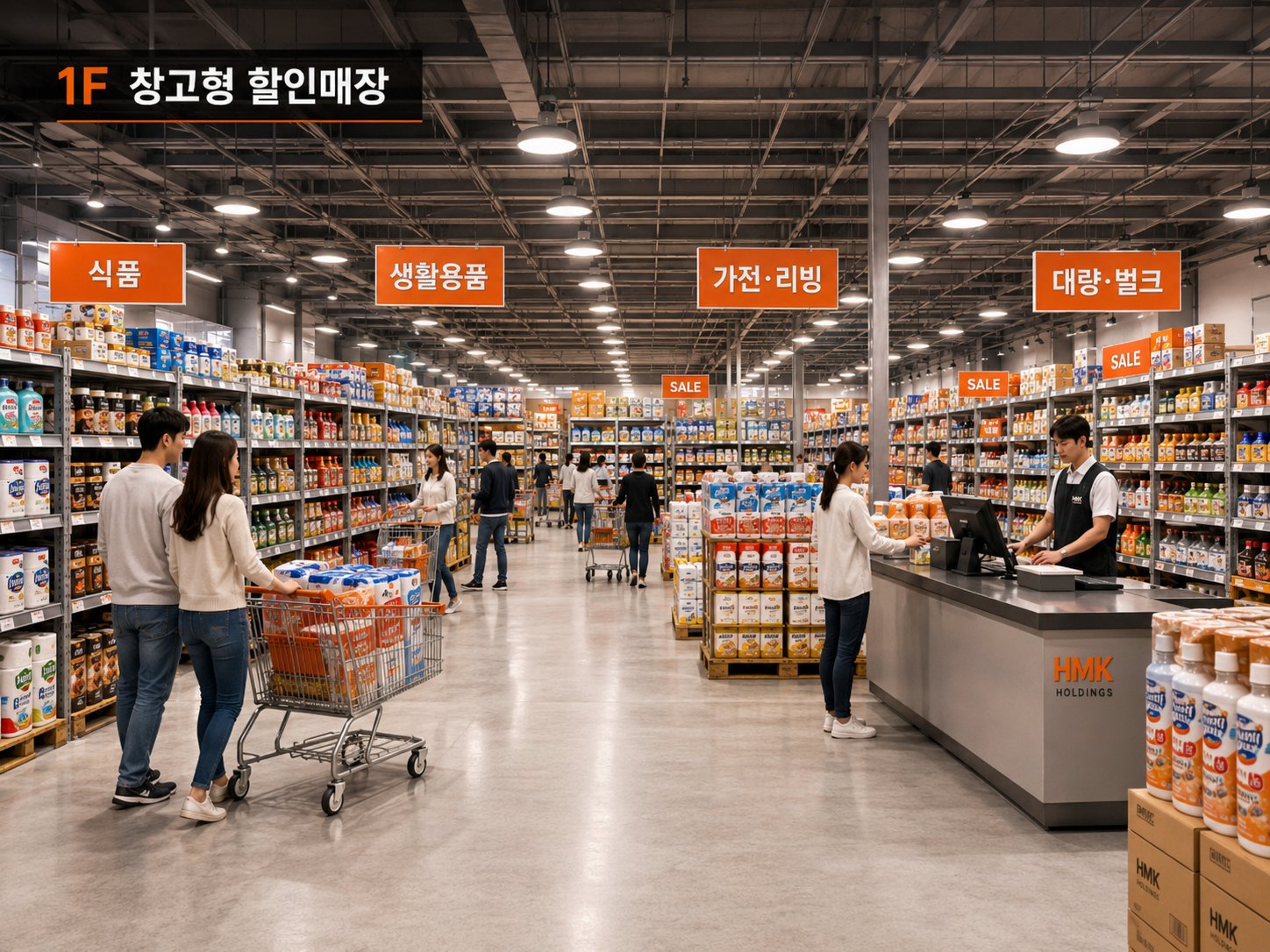 1F 창고형 할인매장 내부 — 카테고리 진열과 계산대
