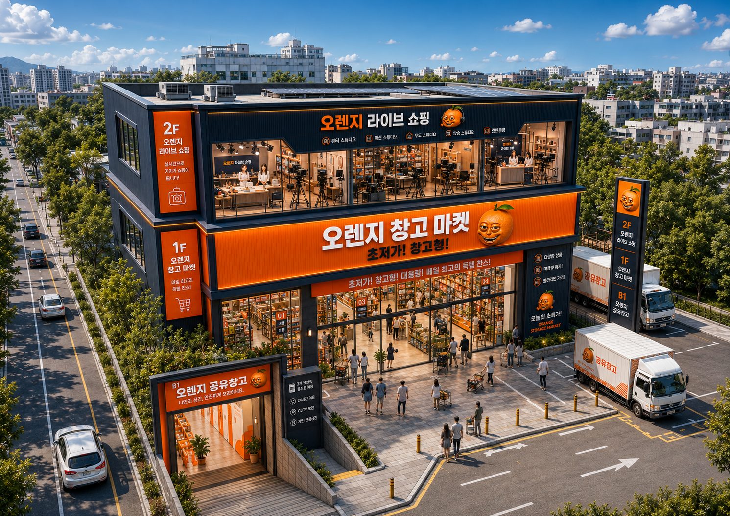 2F 오렌지 라이브쇼핑, 1F 오렌지 창고마켓, B1 오렌지 공유창고로 구성된 HMK 밸류업 자산 외관